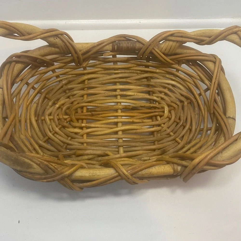 Vtg‎ Large Oval Wicker Rattan Basket Farmhouse Serving Tray Double Handle